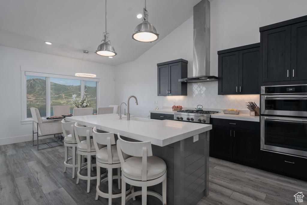 Kitchen featuring wall chimney range hood, appliances with stainless steel finishes, light countertops, dark cabinets, and a sink