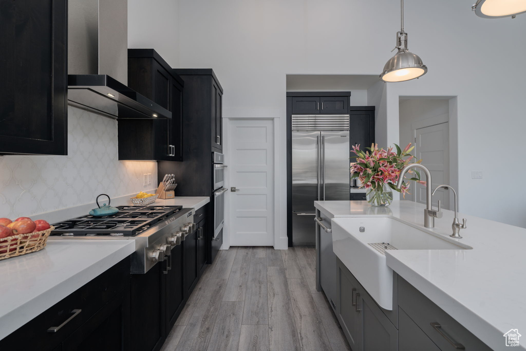 Kitchen featuring wall chimney exhaust hood, a sink, stainless steel appliances, dark cabinets, and light wood-style floors