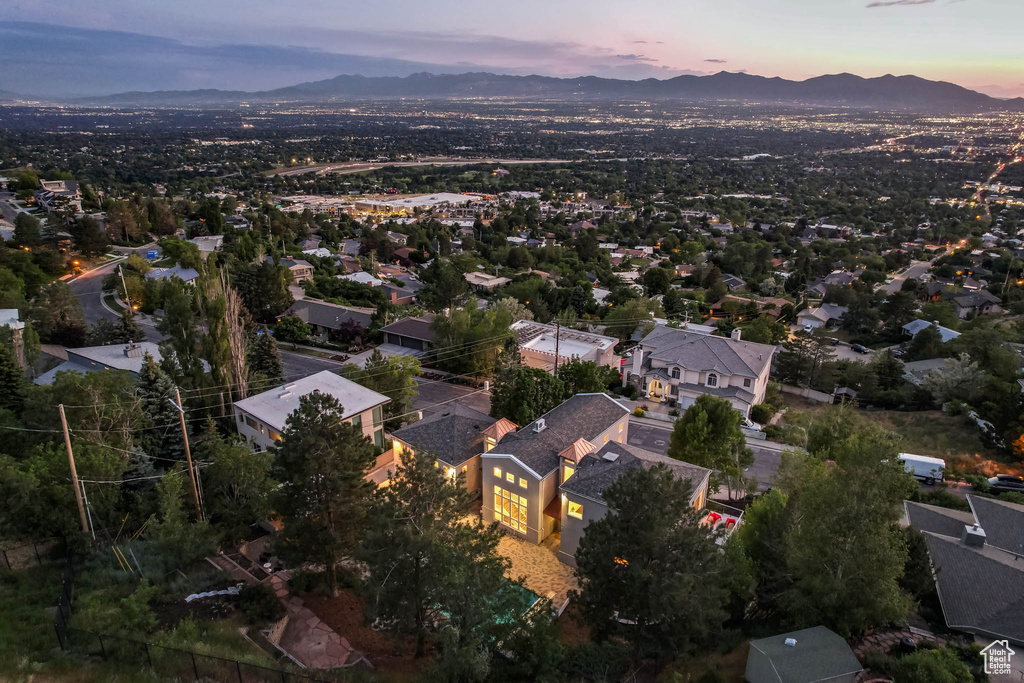 Aerial view at dusk of a mountain view
