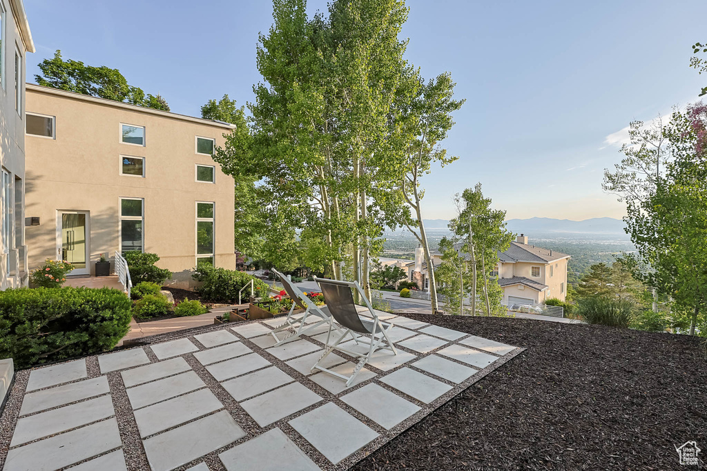 View of patio featuring a mountain view