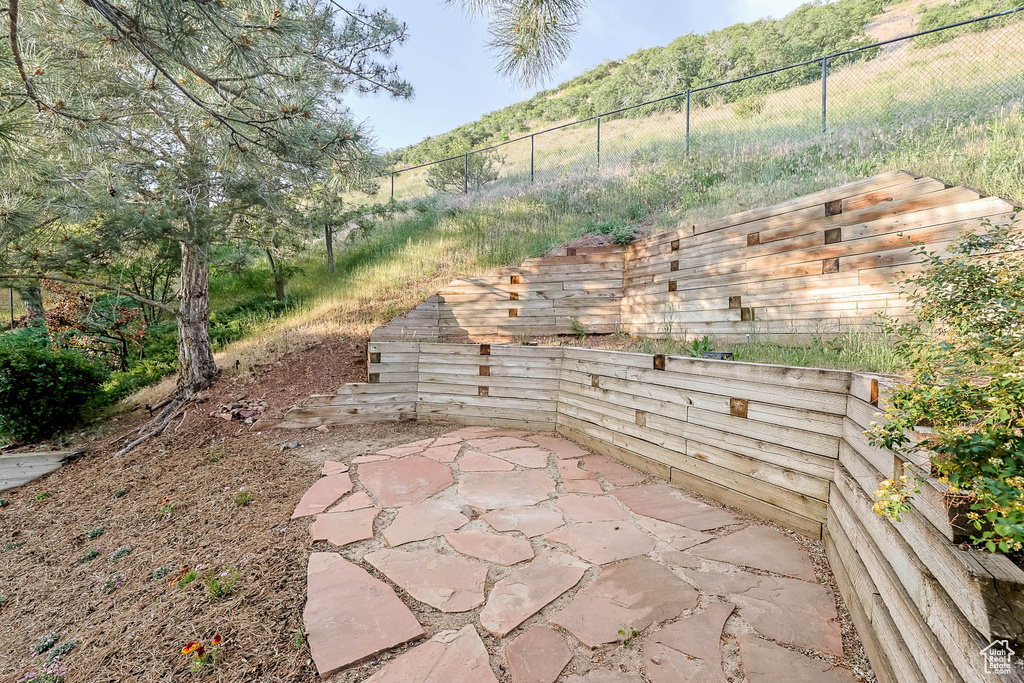 View of patio featuring a mountain view