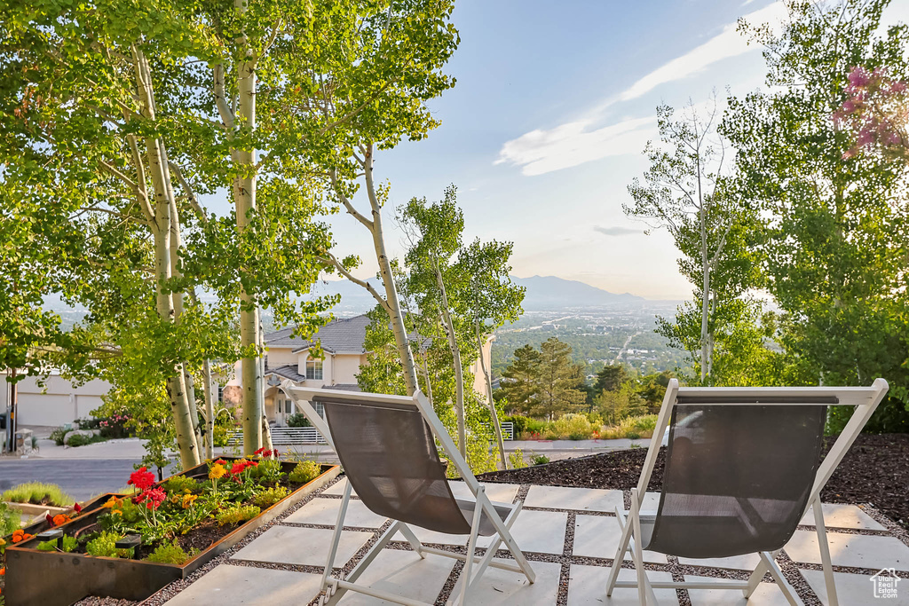 View of patio / terrace featuring a mountain view