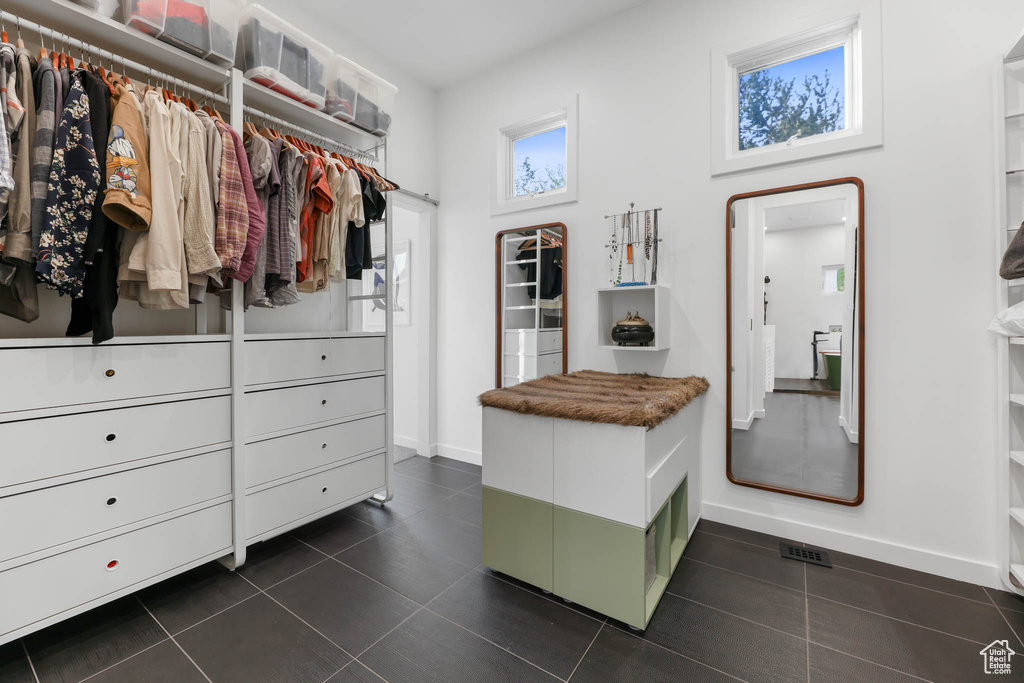 Spacious closet featuring dark tile patterned floors