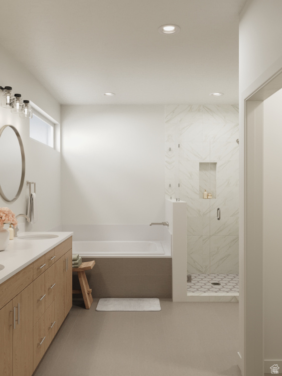 Full bath with a garden tub, double vanity, a marble finish shower, and recessed lighting