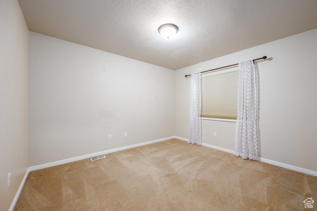 Spare room with carpet floors, a textured ceiling, and baseboards