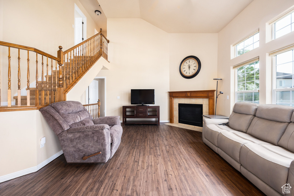 Living area featuring dark wood-type flooring, high vaulted ceiling, a fireplace, and baseboards