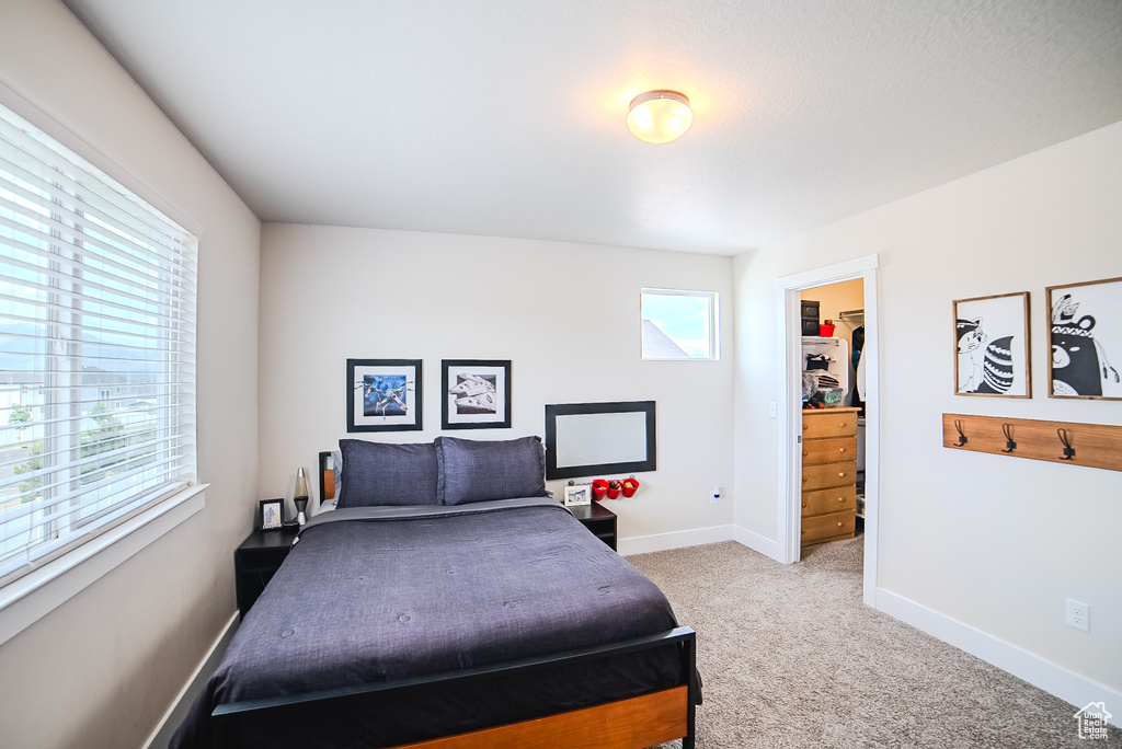 Bedroom with a spacious closet, carpet, baseboards, and a closet