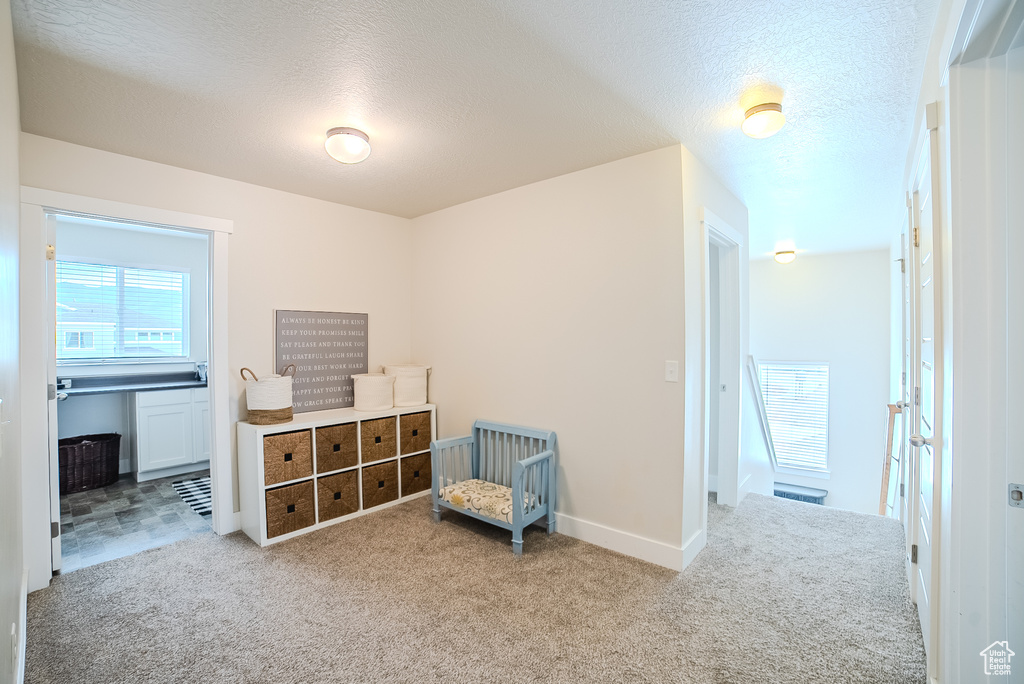 Sitting room with carpet flooring, a textured ceiling, and baseboards