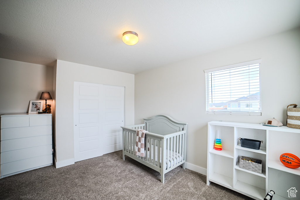 Bedroom featuring carpet flooring and a nursery area