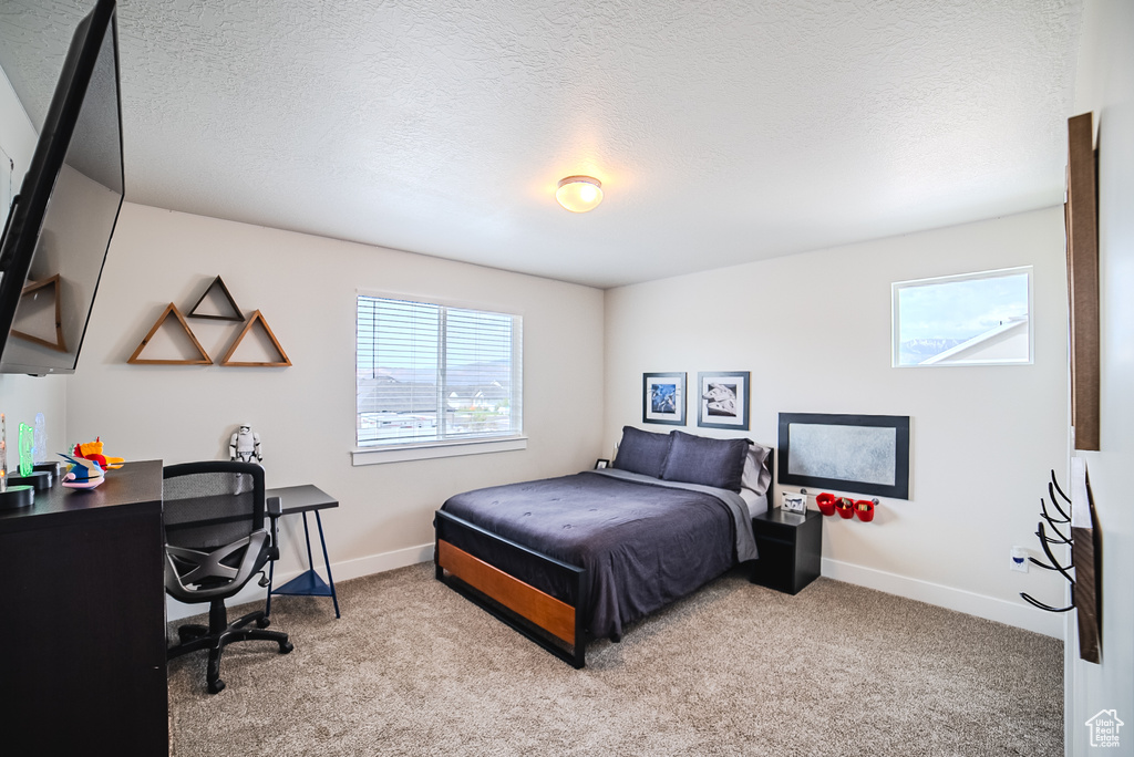 Bedroom featuring carpet flooring, an office area, baseboards, and a textured ceiling