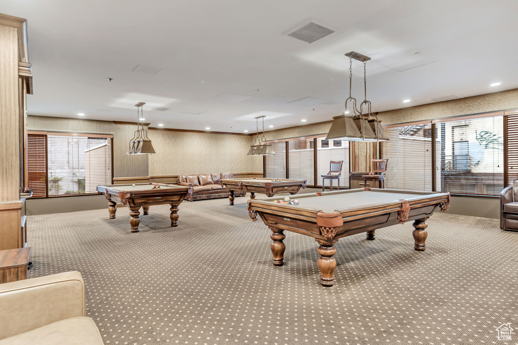 Game room with billiards table, carpet flooring, healthy amount of natural light, and recessed lighting
