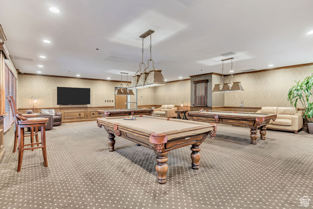 Game room with wallpapered walls, carpet flooring, billiards table, recessed lighting, and wainscoting
