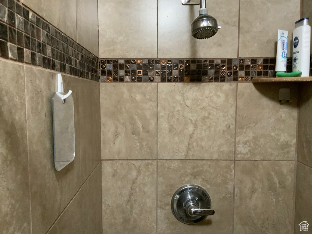 Bathroom view of a tile shower