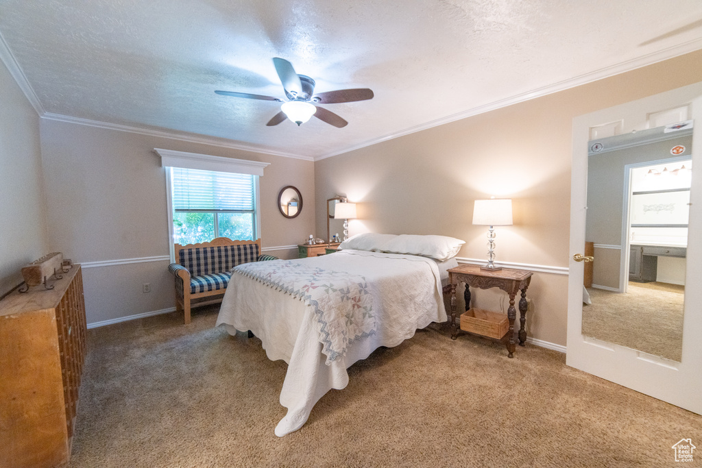 Bedroom with carpet, ornamental molding, ceiling fan, and baseboards