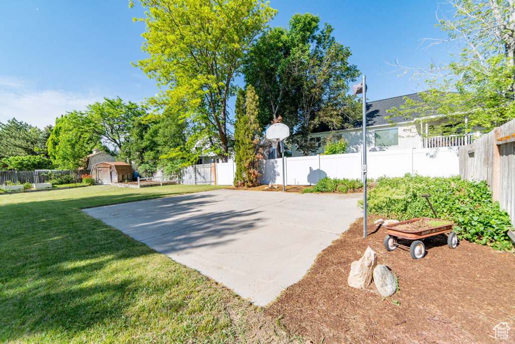 View of patio with basketball court