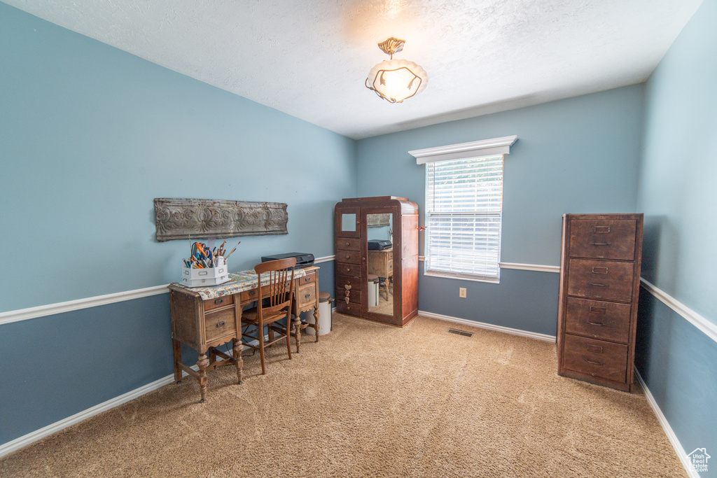 Carpeted office with baseboards and a textured ceiling