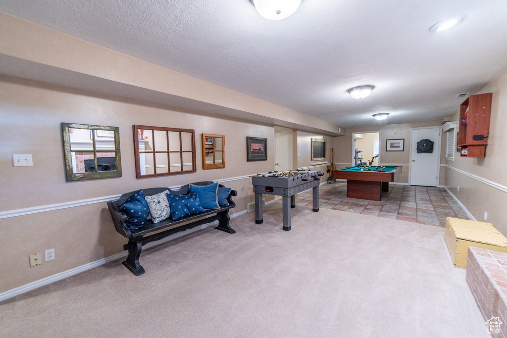 Game room with billiards, carpet floors, and baseboards