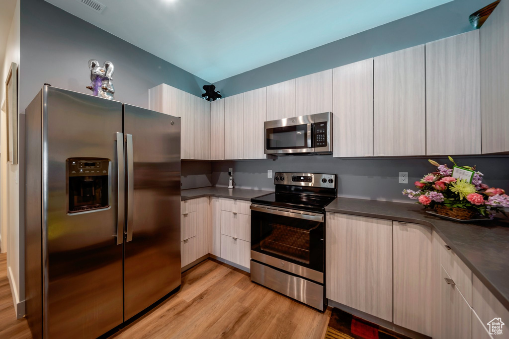 Kitchen featuring appliances with stainless steel finishes, light wood-type flooring, dark countertops, and modern cabinets