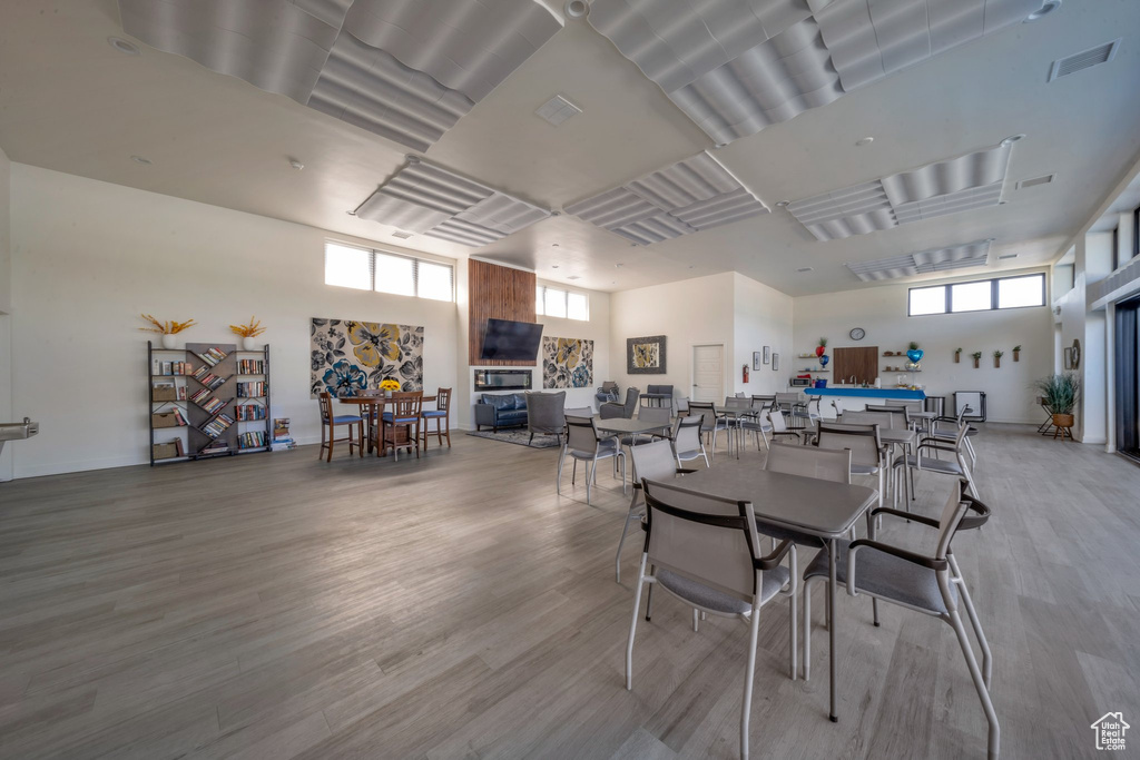 Dining space with wood finished floors