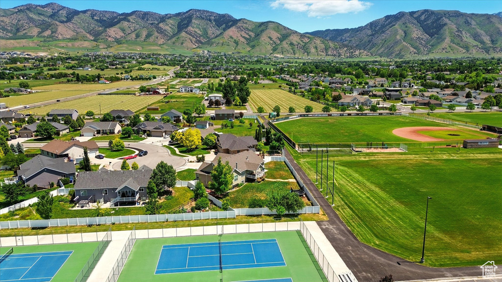 Aerial perspective of suburban area with mountains