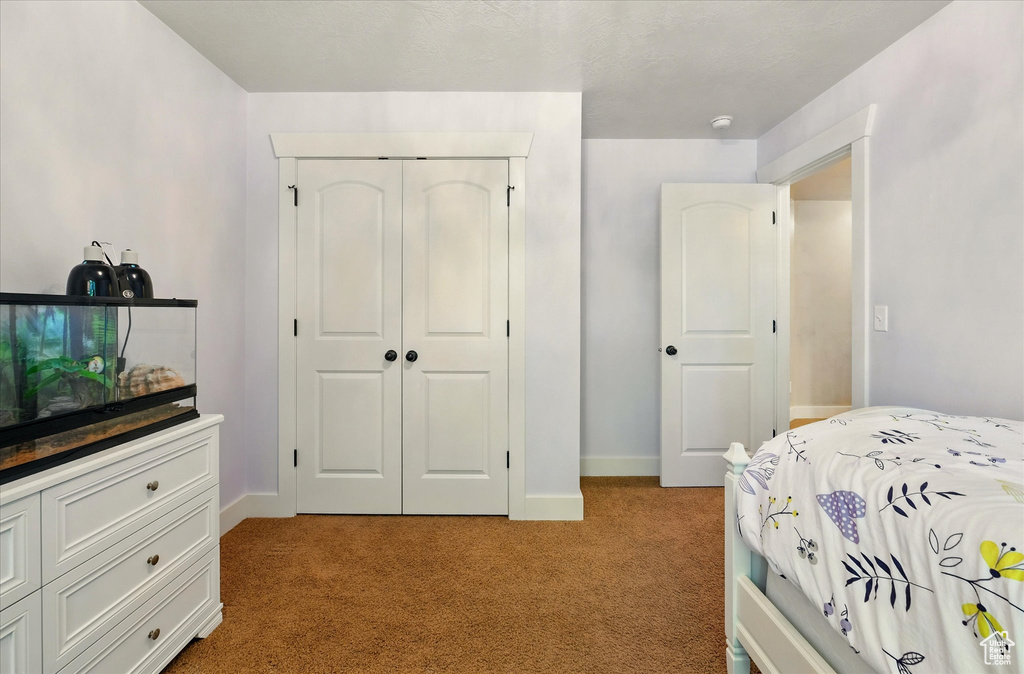 Bedroom with light carpet, a closet, and baseboards