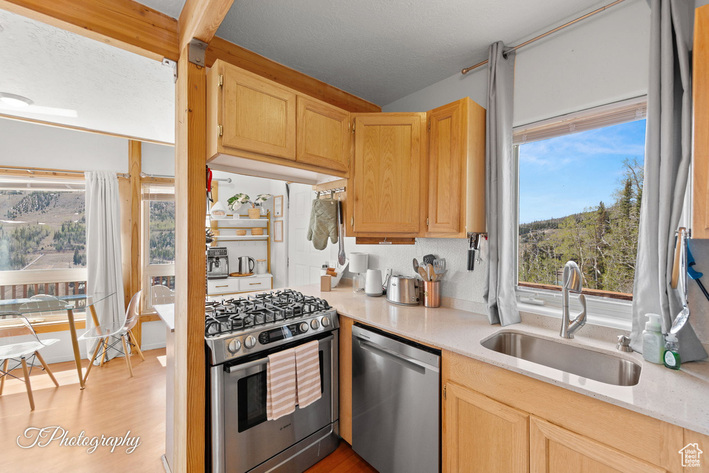 Kitchen featuring stainless steel appliances, a sink, light wood-style flooring, and light brown cabinets