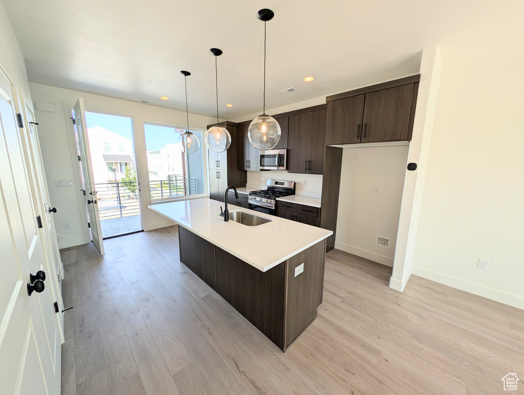 Kitchen with stainless steel appliances, a sink, dark brown cabinets, light wood-type flooring, and light countertops