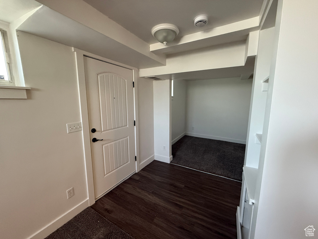 Interior space featuring baseboards, dark carpet, dark wood-type flooring, and a closet