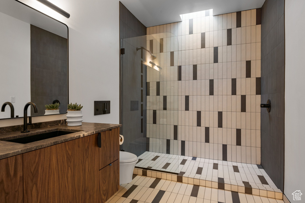 Bathroom with toilet, vanity, and a walk in shower