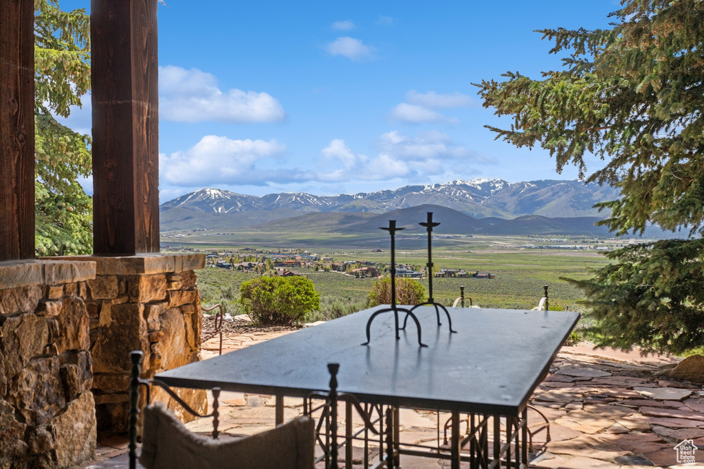 View of patio with a mountain view and a rural view