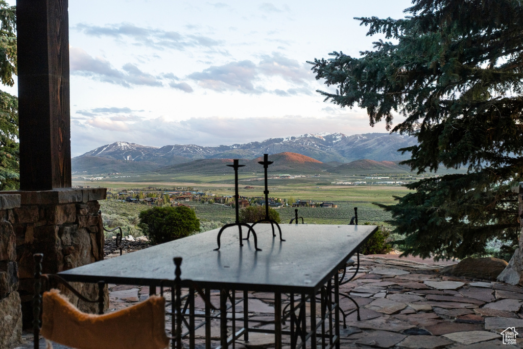 View of mountain backdrop with rural landscape