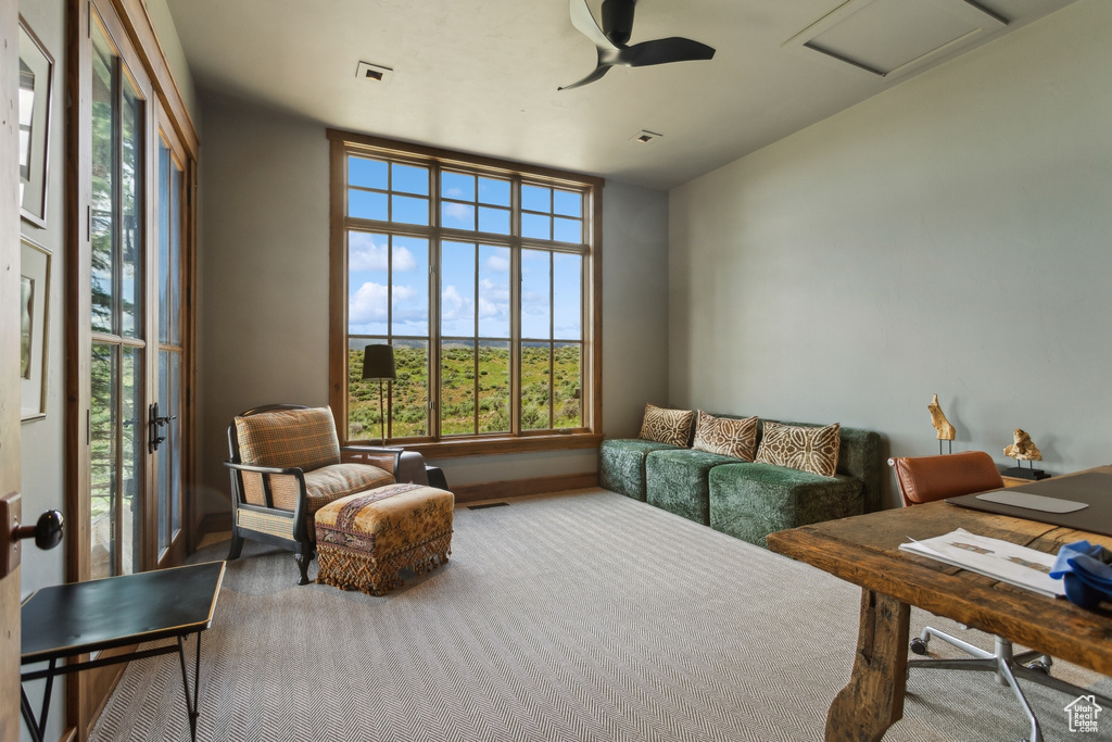 Living area with a ceiling fan and attic access