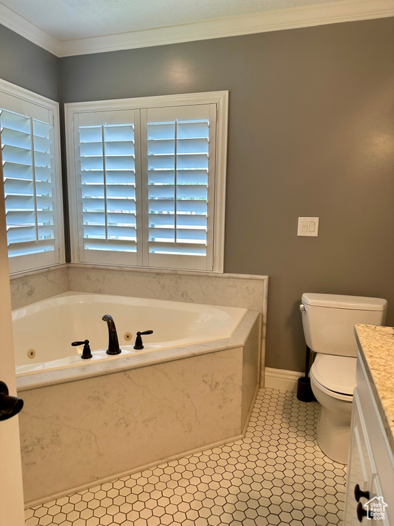 Full bathroom featuring toilet, a jetted tub, crown molding, vanity, and healthy amount of natural light