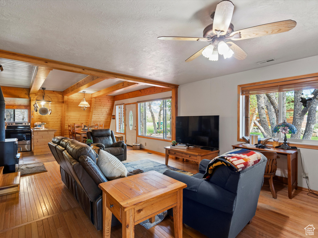 Living area featuring a wood stove, light wood finished floors, baseboards, ceiling fan, and a textured ceiling