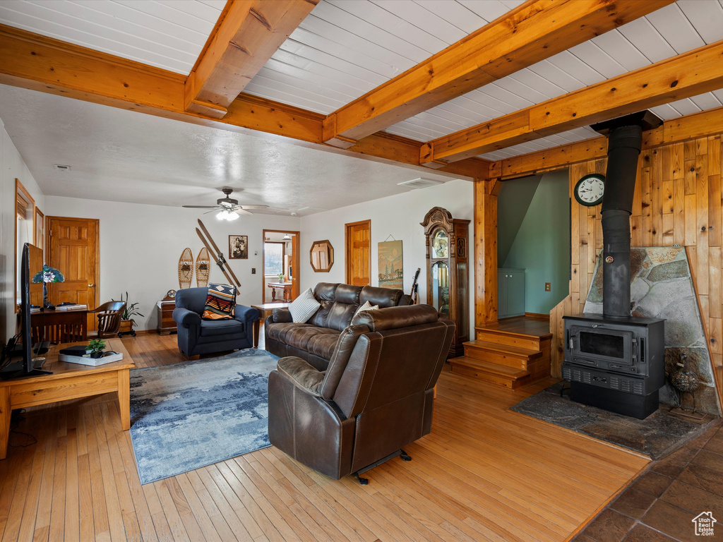 Living room with a wood stove, hardwood / wood-style floors, beamed ceiling, ceiling fan, and wooden walls