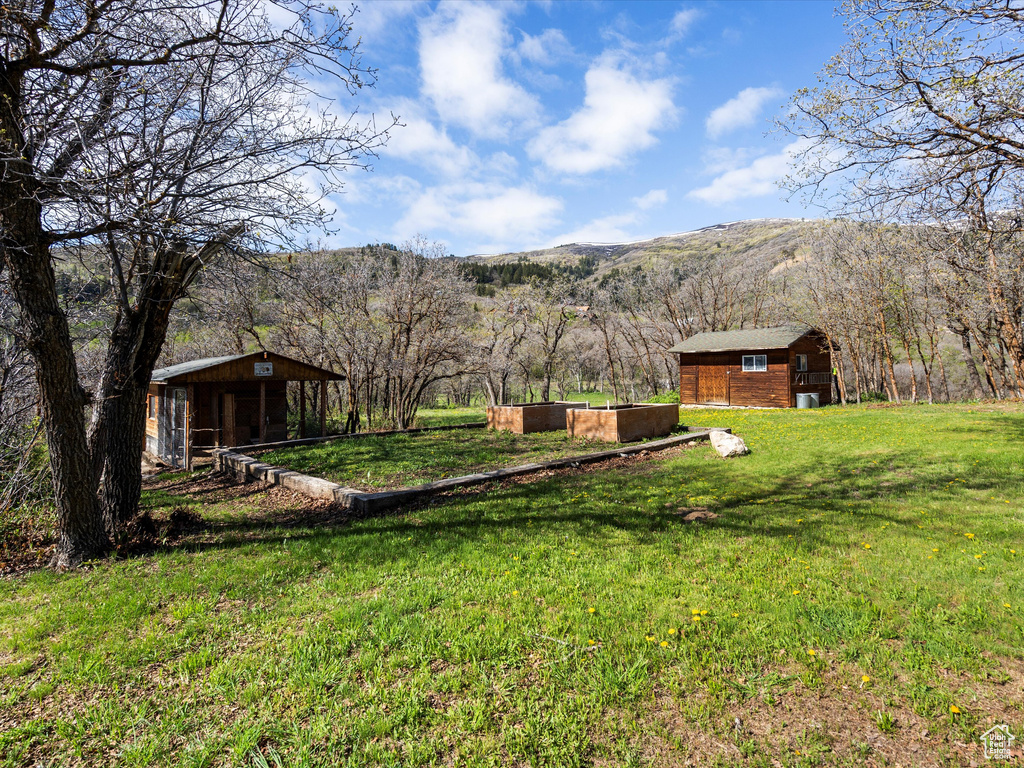 View of green lawn featuring an outbuilding and a mountain view