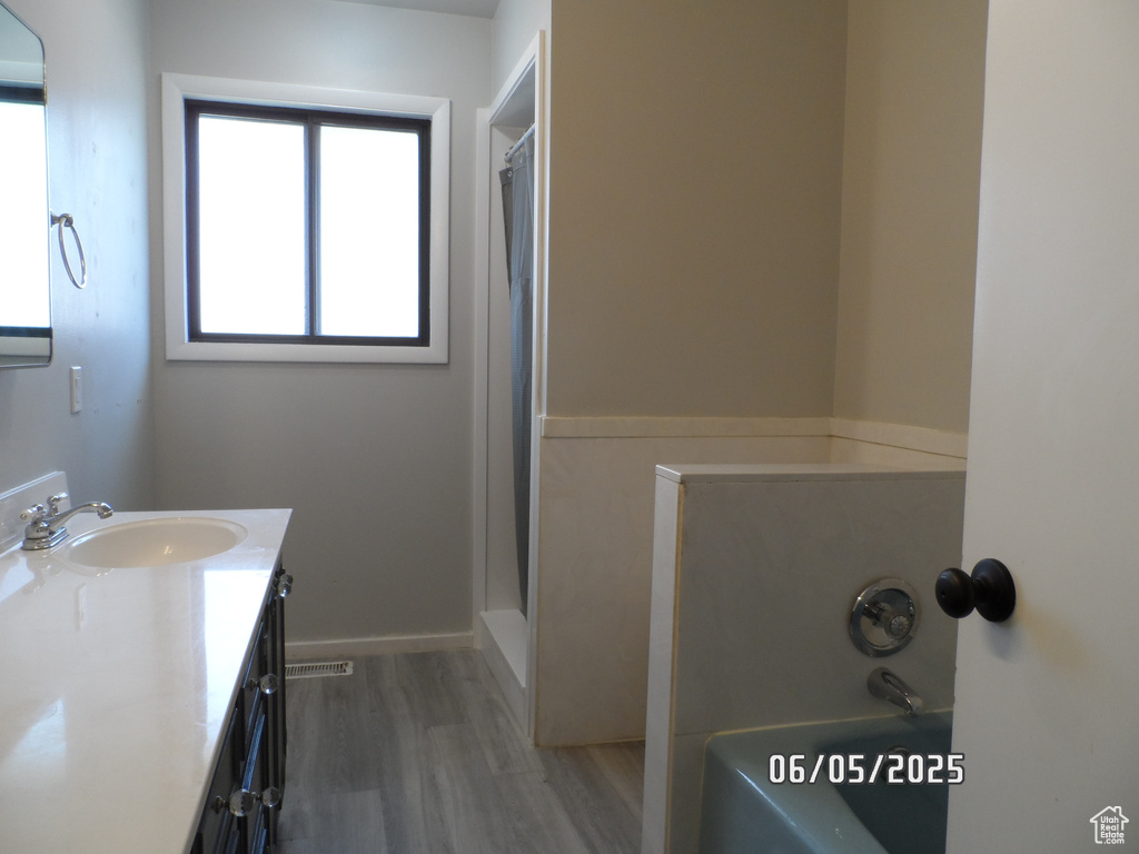 Bathroom with wood finished floors, plenty of natural light, a tub, and vanity