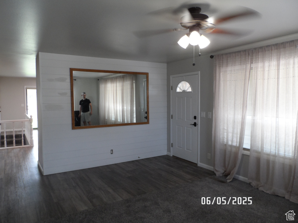 Foyer with ceiling fan, healthy amount of natural light, wood finished floors, and baseboards