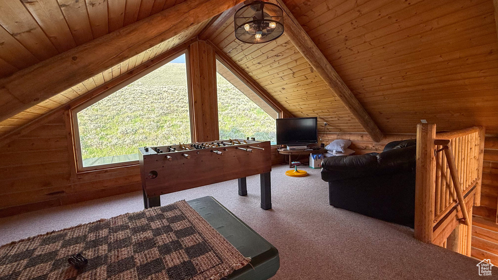 Rec room with wood ceiling and carpet