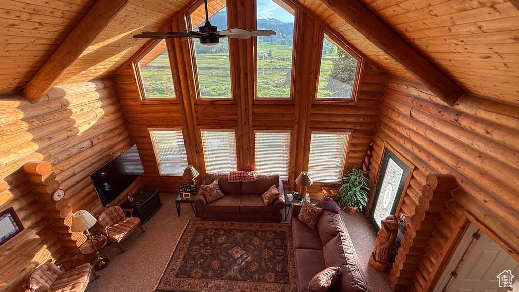 Living area featuring wooden ceiling with exposed beams, rustic walls, and carpet