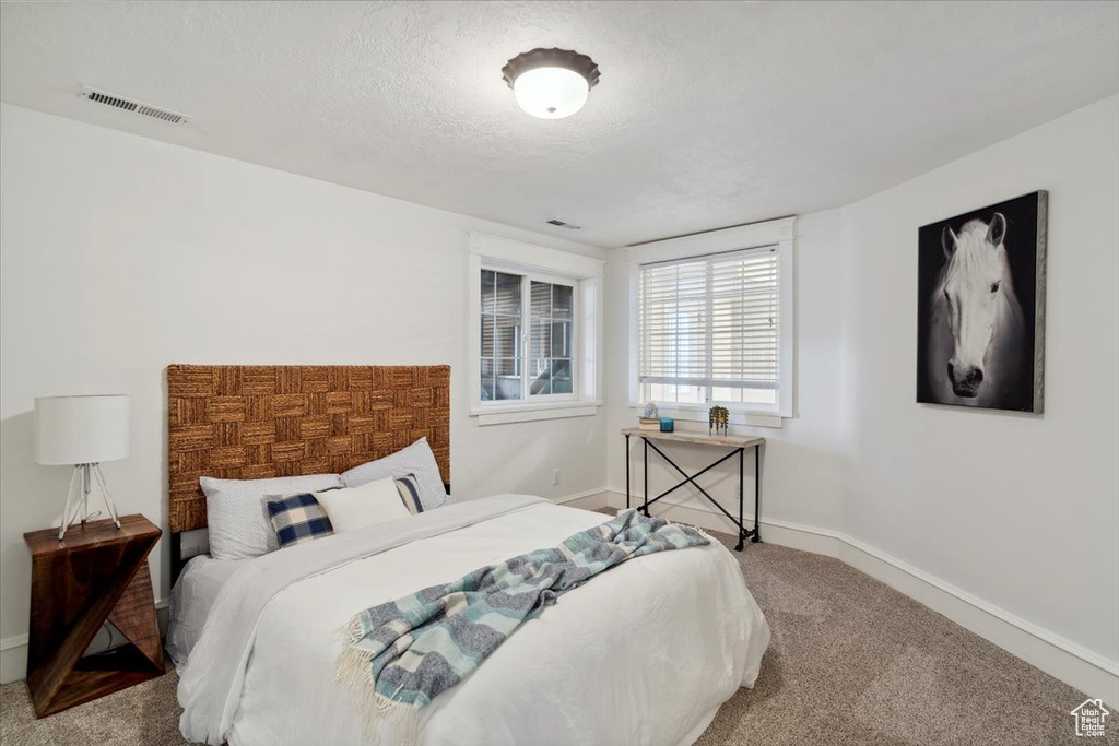 Carpeted bedroom with baseboards and a textured ceiling