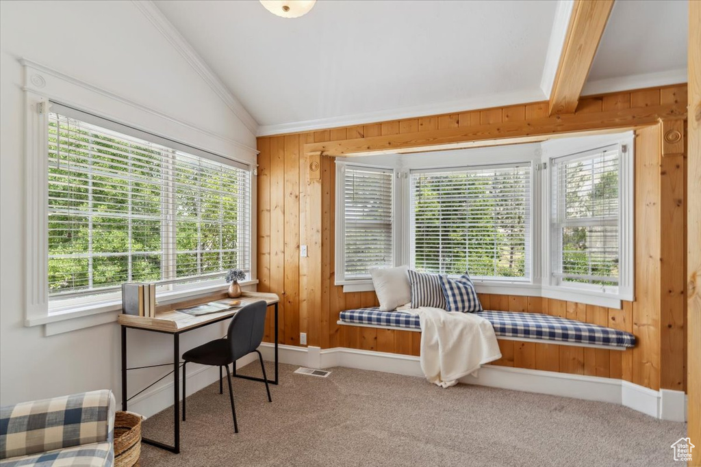 Carpeted office with wooden walls, healthy amount of natural light, lofted ceiling, ornamental molding, and baseboards