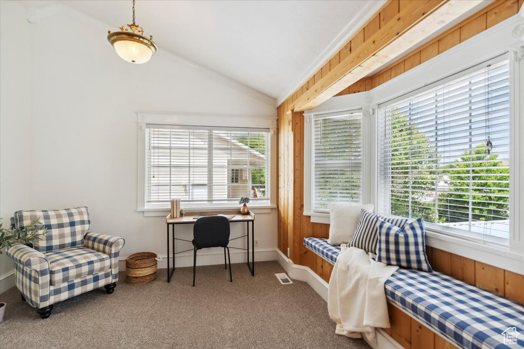 Office featuring carpet, plenty of natural light, lofted ceiling, ornamental molding, and baseboards