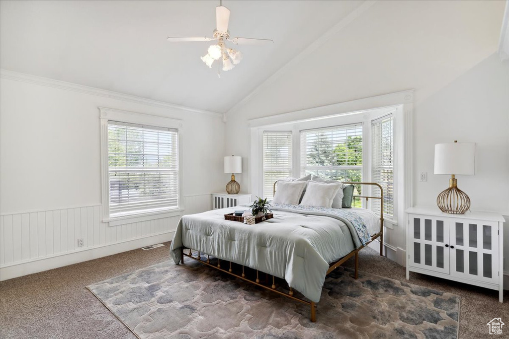 Bedroom with carpet floors, ceiling fan, high vaulted ceiling, and wainscoting