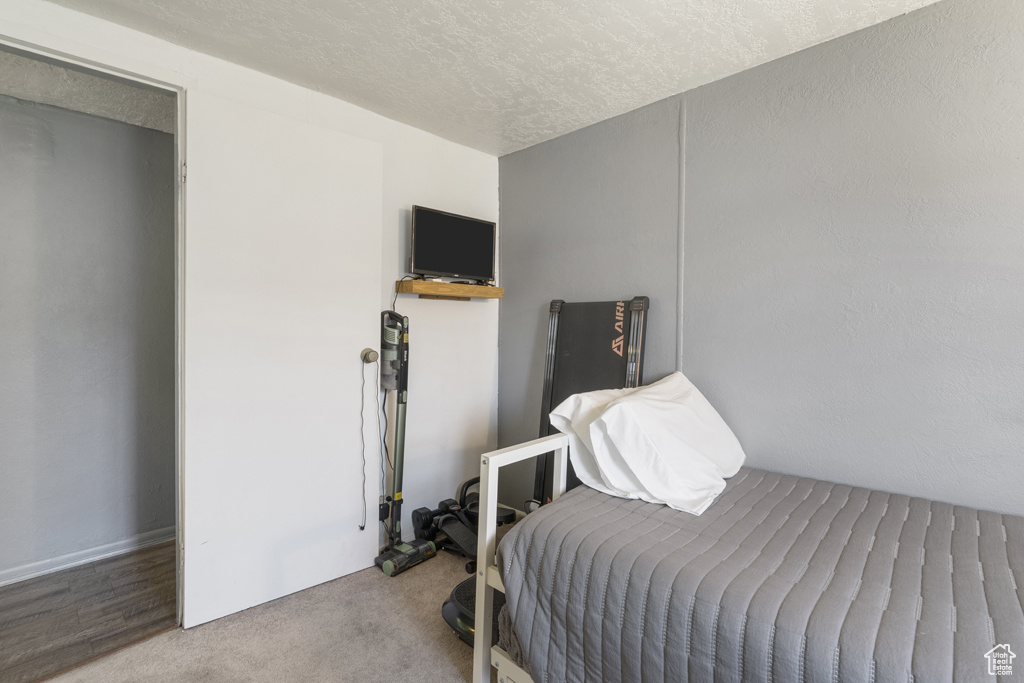 Carpeted bedroom featuring a textured ceiling