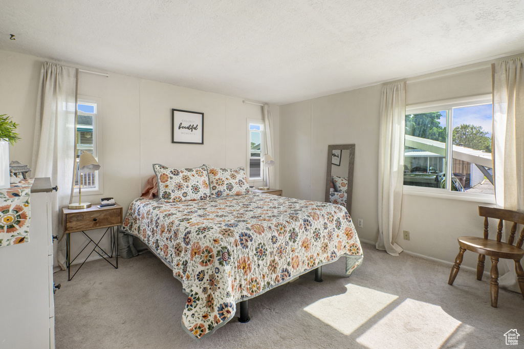 Bedroom featuring light carpet