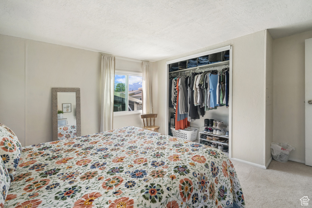Carpeted bedroom with a closet, a textured ceiling, and baseboards