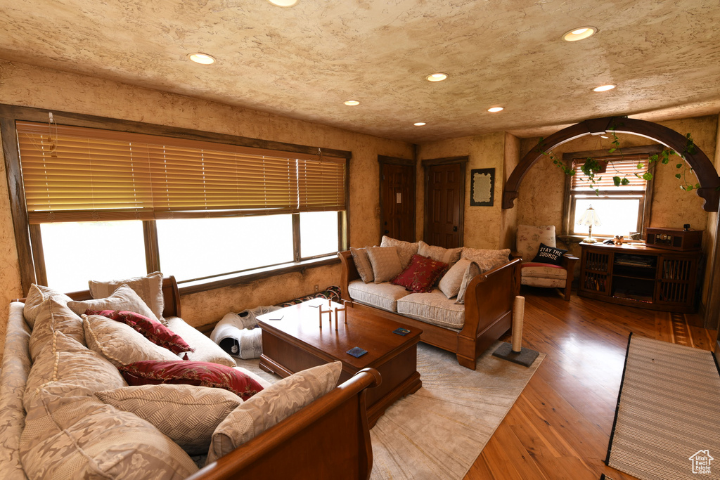Living room featuring plenty of natural light, wood finished floors, recessed lighting, and arched walkways