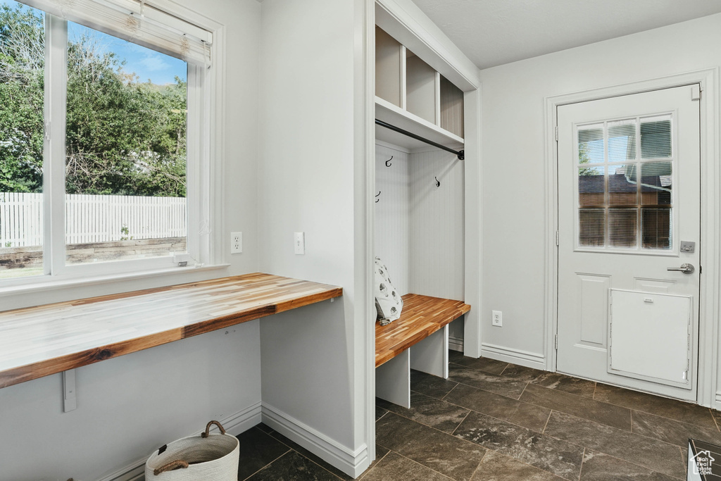 Mudroom featuring baseboards, plenty of natural light, and dark stone finish floors