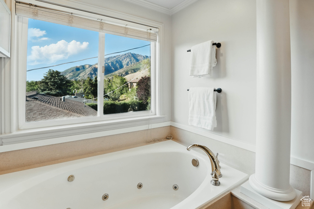 Bathroom featuring a mountain view, a whirlpool tub, and crown molding